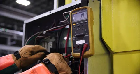 Elektryk wykonujący pomiary multimetrem w szafie sterowniczej